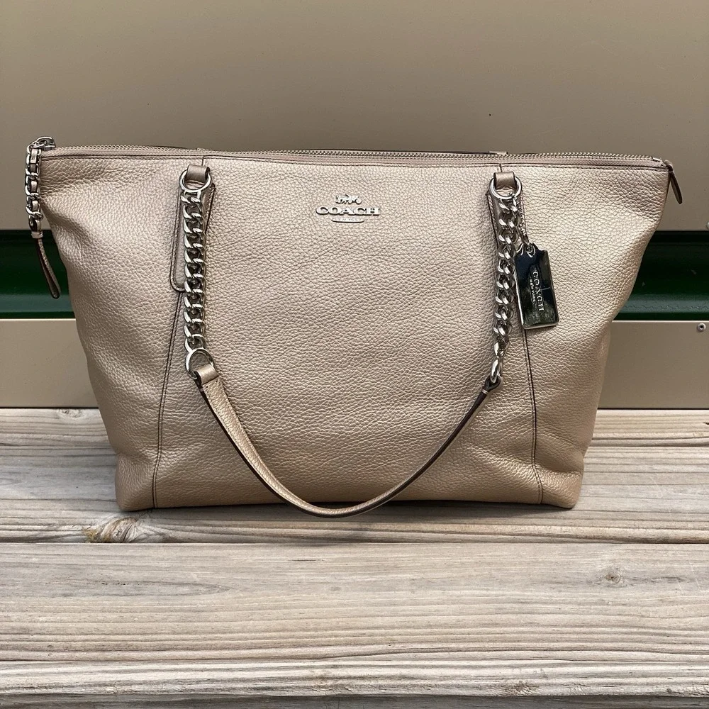 Coach Ava Chain Tote Platinum Metallic Pebbled Leather Shoulder Bag F58688